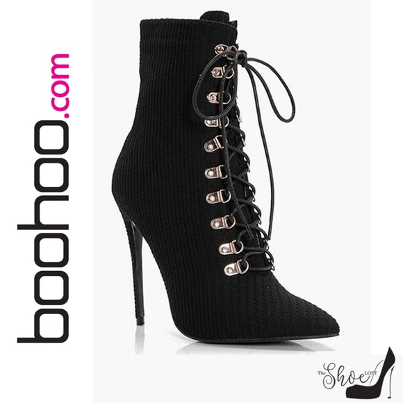 Boohoo Shoes - BooHoo: Lucy Lace Up Pointed Toe Sock Boots Boohoo Shoes - BooHoo: Lucy Lace Up Pointed Toe Sock Boots